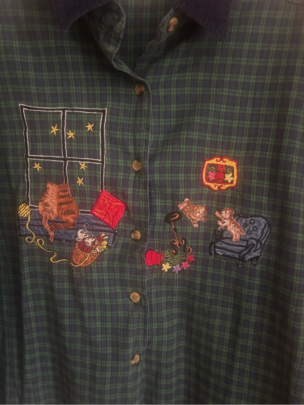 Green Plaid Button-Down Shirt with Embroidered Cat Scenes